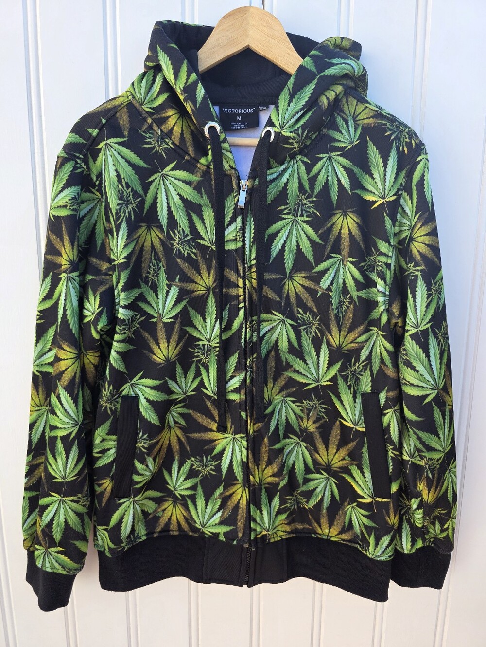 Victorious All Over Print Marijuana Weed Leaf Full Zip Green Hoodie Mens Medium